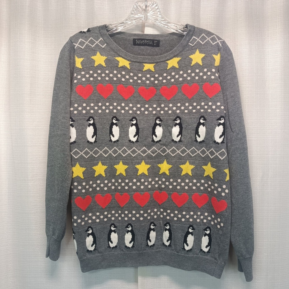 Sugarhill Boutique Penguin Heart Star Intarsia Sweater Gray US 10 UK 14